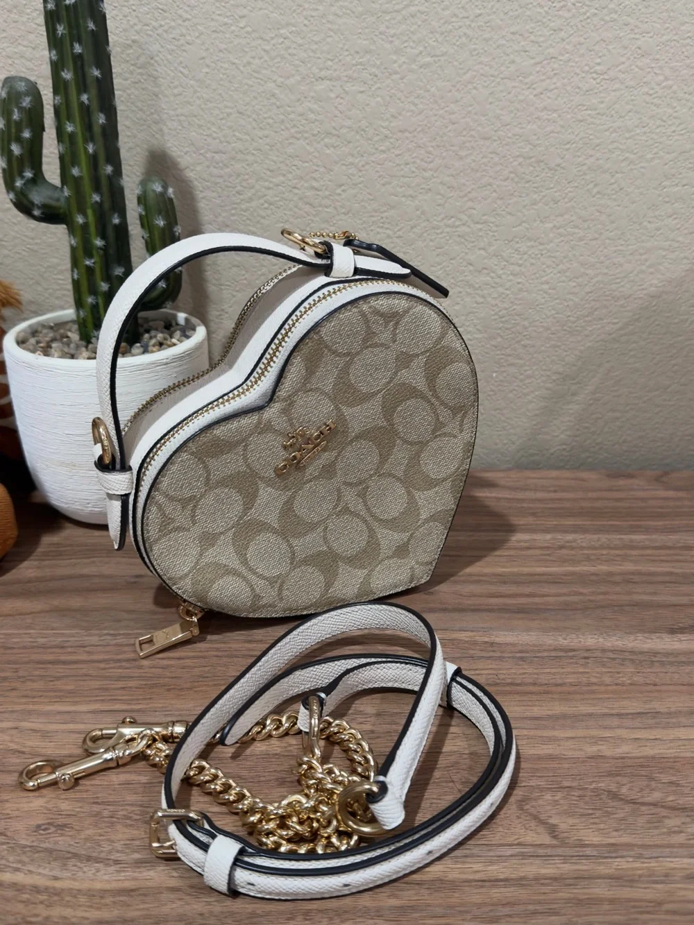 Coach Beige Signature Heart Mini Crossbody with Gold Logo